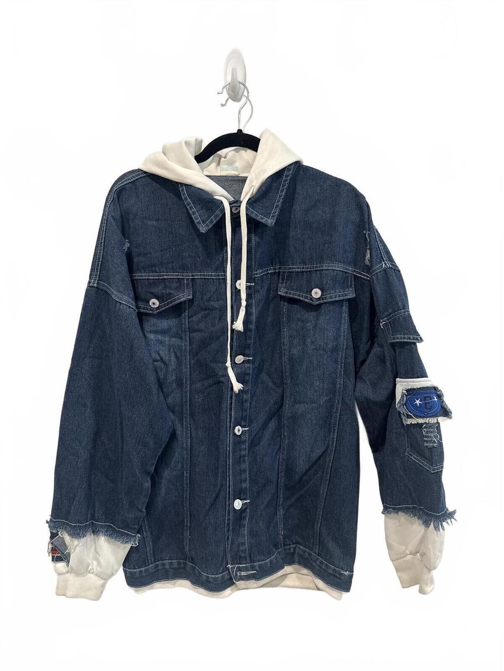 Distressed Denim Hooded Jacket with Contrast Hoodie Sleeves